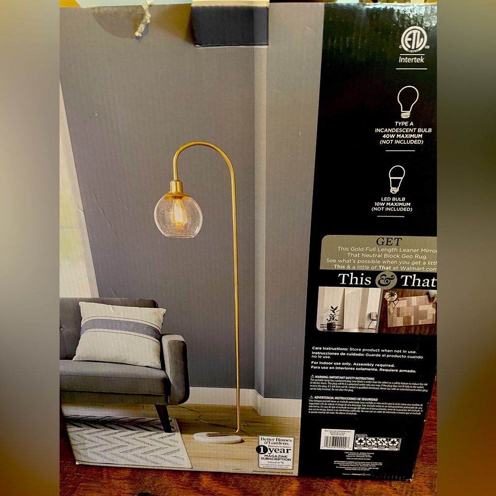 BH&G Marble Base Floor Lamp w/ Seeded Glass Shade in Gold
